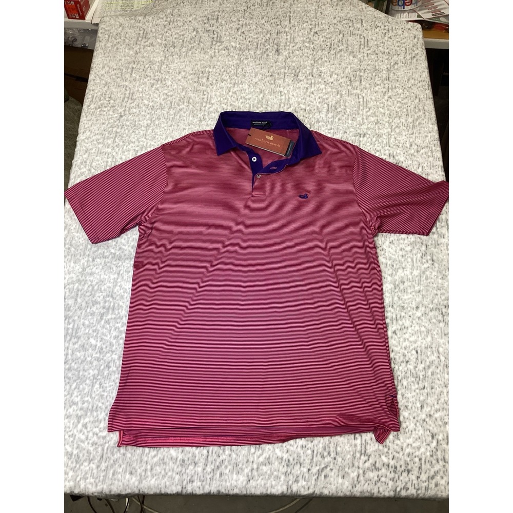 Southern Marsh Bermuda Performance Polo Shirt Navy Strawberry Fizz Stripe Medium